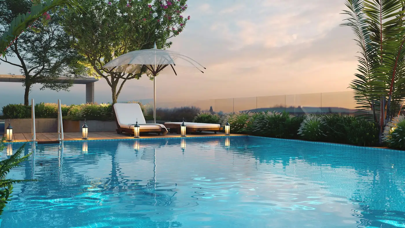 Piscina infinita de un resort al atardecer
